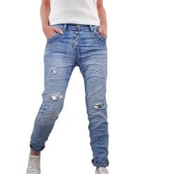 Karostar Damen Stretch Jeans| Boyfriend Hose mit Knopfleiste| Mid Rise 5 Pocket (Destroyed Pailletten, XXL) von Karostar