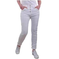 Karostar Damen Stretch Jeans| Boyfriend Hose mit dekorativen Schmuckknöpfen| Mid Rise 5 Pocket Denim Hose (DE/NL/SE/PL, Alphanumerisch, 4XL, Regular, Regular, Weiß) von Karostar