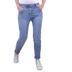 Karostar Damen Stretch Jeans| Boyfriend Hose mit dekorativen Schmuckknöpfen| Mid Rise 5 Pocket Denim Hose (as3, Alpha, x_l, Regular, Regular, Mid Blue) von Karostar