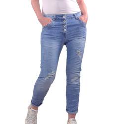 Karostar Damen Stretch Jeans| Boyfriend Hose mit dekorativer Knopfleiste| Destroyed Denim Pants (DE/NL/SE/PL, Alphanumerisch, M, Regular, Regular, Destroyed Gobelin) von Karostar