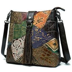 Karoukee Vintage Patchwork Umhängetasche Damen, Retro Rindsleder Schultertasche mit Geprägten Blumenmuster, Mode Crossbody Bag mit Quasten, Casual Medium Handtasche für Frauen von Karoukee