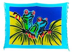 Kascha Sarong Pareo Wickelrock Strandtuch Tuch Wickeltuch Handtuch - Blickdicht - ca. 170cm x 110cm - Grün Blau mit Frosch Motiv Handgefertigt inkl. Kokos Schnalle in Rauteform von Kascha