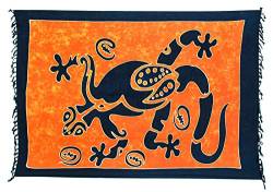 Kascha Sarong Pareo Wickelrock Strandtuch Tuch Wickeltuch Handtuch - Blickdicht - ca. 170cm x 110cm - Orange Blau Batik mit Gecko Motiv Handgefertigt inkl. Kokos Schnalle in Rauteform von Kascha