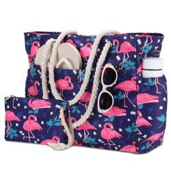 Kasgo Strandtasche Damen, Wasserabweisende Leichte Handtasche Große Faltbare Pooltasche Reisetaschen Turnbeutel Umhängetaschen mit Reißverschluss für Schwimmbad Reisen Einkaufen Camping Flamingo von Kasgo