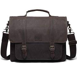 Kasgo Umhängetasche Herren, Wasserabweisend Gewachste Canvas aus Echtem Leder Aktentasche Passt 15,6 Zoll Laptop Vintage Laptop-Taschen Schultertasche mit Abnehmbarem Gurt Grau und Braun MEHRWEG von Kasgo