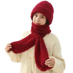 Kapuzenschal Damen Winter Schal mit Kapuze Schalmütze Mützenschal Kaputzenschal Frauen Winddichte Pullovermütze Winter Warm Strick Mütze mit Schal Mütze Wintermütze 2 In 1 (Rot) von Kashyke