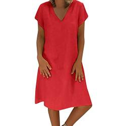 Kashyke Damen Kleider Sommer Leicht Große Größen Leinenkleid Luftig Knielang Boho Tshirt Kleid Leinen Blusen Kleid Italienische Kleider Elegant Strandkleider Freizeitkleid Sommer Partykleid Rot 5XL von Kashyke