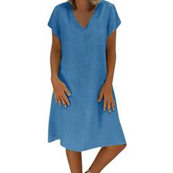 Kashyke Kleid Damen Sommer Tunika Kleid V-Ausschnitt Kurzarm Midikleid Boho Kleid Baumwolle Leinen Einfarbige Vintage Kleider Hemdkleid Shirtkleid Einfarbige Freizeitkleid Shirtkleid Blau 5XL von Kashyke