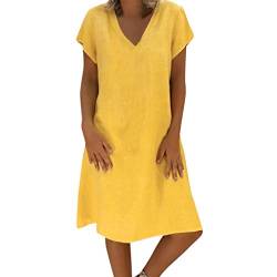Kashyke Kleid Damen Sommer Tunika Kleid V-Ausschnitt Kurzarm Midikleid Boho Kleid Baumwolle Leinen Einfarbige Vintage Kleider Hemdkleid Shirtkleid Einfarbige Freizeitkleid Shirtkleid Gelb M von Kashyke