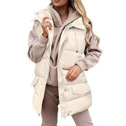 Kashyke Steppweste Damen Halblang Daunenweste Schwarz Beige Winterweste Lang Weste Bodywarmer Ärmellos mit Kapuze Puffer Leicht Winterjacke Herbst Winter Ärmellos Lange Weste Daunenweste Kapuzenweste von Kashyke