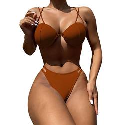 Kashyke bademode Damen Bikini Triangel-Bikini-String-Badeanzug für Damen, Bedruckt, gesmokt, gerüscht, Zweiteiliger Badeanzug bauchweg Bikini Damen (Brown #0, S) von Kashyke
