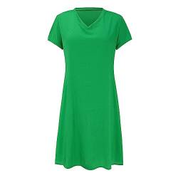 Leinenkleid Damen Sommer - Sommerkleid Damen Knielang - T Shirt Kleid Große Größen Lässiges Lockeres Blusenkleid V Ausschnitt Leinen Einfarbige Vintage Kleider Freizeitkleid Shirtkleid Grasgrün 4XL von Kashyke