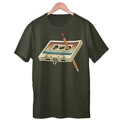 80er 90er Jahre Mottoparty Outfit - Kassette mit Bleifstift - Retro Tape T-Shirt (as3, Alpha, l, Regular, Regular, Khaki) von Kassettenkind