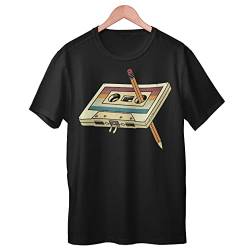 80er 90er Jahre Mottoparty Outfit - Kassette mit Bleifstift - Retro Tape T-Shirt (as3, Alpha, l, Regular, Regular, Schwarz) von Kassettenkind