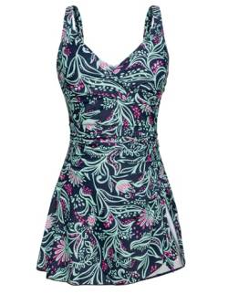 Damen Elegant Badekleid Ruched Bauchweg Cut Out Einteilige Strandmode Wickeloptik Swimsuit Grünes Blattmuster XL von Kate Kasin