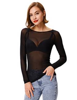 Damen Mesh Oberteil Unterwäsche T-Shirt Langarm Mesh Sheer Top Unterhemd Nachtwäsche Schwarz 1047 X- Large von Kate Kasin