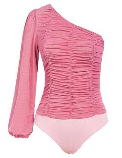 Kate Kasin Bodysuit - Geraffte Langarm-Jumpsuits mit One-Shoulder-Tops (Rosa Pink, Größe 2XL) von Kate Kasin