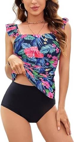 Kate Kasin Damen Badeanzug Wickeloptik High Waist Bauchweg Zweiteiliger Badeanzug Swimsuit Zweiteiliger Tankini-Badeanzug Blaue Blumen S von Kate Kasin