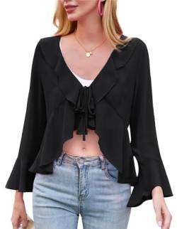 Kate Kasin Damen Chiffon Bolero Langärmelig V-Ausschnitt Bindekragen Rüschen Shrug Schwarz XL von Kate Kasin