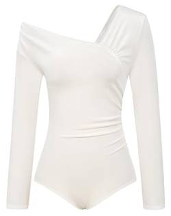 Kate Kasin Damen Elegant Body Bodysuit Asymmetrischer Schulter-Body Mit Langen Top Ärmeln Und Gerafftem SamtFarbe:WeißM von Kate Kasin