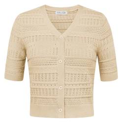 Kate Kasin Damen Elegante Strickpullover mit V-Ausschnitt Hollowed-Out Strickjacke Vintage Daily Freizeit Strickjacke Casual Strickjacke Kurzarme Strickjacke Beige L KK0705S24-03 von Kate Kasin