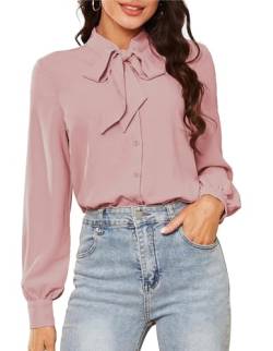 Kate Kasin Damen Elegante V-Ausschnitt Bodys Weiße Bowtie Bluse Business Oberteil Rosa 2XL von Kate Kasin