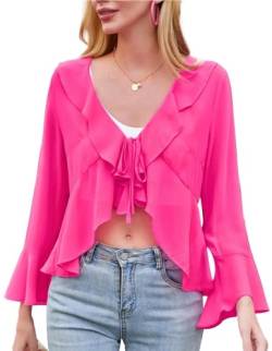 Kate Kasin Damen Langarm V-Ausschnitt Bolero Chiffon Front Neck Tie Ruffle Shrug Rose Rot M von Kate Kasin