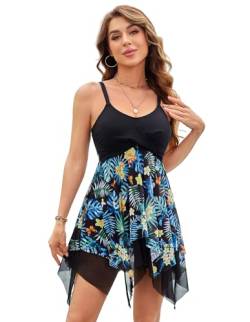 Kate Kasin Damen Sommer Strand Schwimmanzug Bauchweg Bademode Push Up Tankini Vintage Chiffon Sling Kleid Push up Badeanzug mit Badeshorts Gelb auf Schwarz S KK0281S22-10 von Kate Kasin