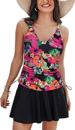 Kate Kasin Damen Tankini Badeanzüge Tummy Control Two Piece V Ausschnitt Ruched Badeanzüge mit Röcken Beach Swim Dress Heißes rosa Blume L von Kate Kasin