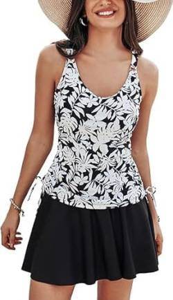 Kate Kasin Damen Tummy Control Two Piece Tankini Set Badeanzüge V Ausschnitt Tankini Top Badeanzüge mit Rock Schwarze Blume M von Kate Kasin