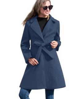 Kate Kasin Vintage Eleganter Mantel Mit Taschen Und Gürtel Für Frauen XL Grau Blau von Kate Kasin