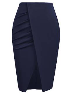 Midi Rock Knielang Sommer Damen Mit Schlitz Elastische Taille Figurbetont Pencil Rock Navy blau S von Kate Kasin