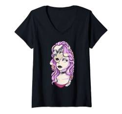 Damen Pastell Goth Kawaii Menhera Ancient Multiple Face Woman T-Shirt mit V-Ausschnitt von Kawaii Pastel Goth Heaven