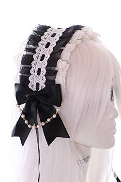 C-03-9 Schwarz Zofe Maid Lolita Haarband mit Schleife Perlenkette Gothic Haarschmuck Kopfband von Kawaii-Story