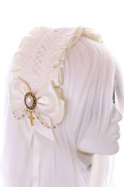 C-04-5 Creme Weiß Zofe Maid Lolita Haarband mit Schleife Perlenkette Gothic Haarschmuck Kopfband von Kawaii-Story