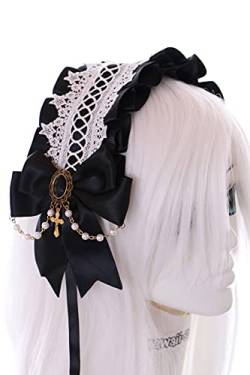 C-04-6 Schwarz Zofe Maid Lolita Haarband mit Schleife Perlenkette Gothic Haarschmuck Kopfband von Kawaii-Story