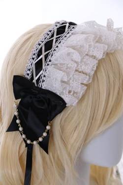 C-06-8 Schwarz weiß Zofe Maid Lolita Rüschen Haarband mit Schleife Perlenkette Gothic Haarschmuck Kopfband Haar Accessoire von Kawaii-Story