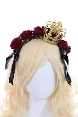 C-104-2 Gold Krone mit Rosen rot Spitze Schleife Rüschen Gothik Lolita Haarreif Party Feier Haarschmuck Kopfaccessoir von Kawaii-Story