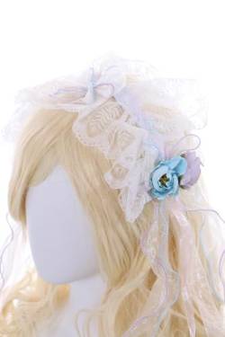 C-106 Weiß Haarband mit blau lila Blumen Schleife Spitze Rüschen Gothik Lolita Maid Zofe Party Feier Haarschmuck Kopfaccessoir von Kawaii-Story