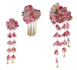 C-122-1 Rosa 3er Set Handmade Fächerform Sakura Kirschblüte Stoff Blumen Quasten Haarclip Haarspange Japan Geisha Kimono Accessoir von Kawaii-Story