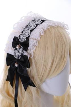 C-13-1 Schwarz Weiß Zofe Maid Lolita Spitze Rüschen Haarband mit Perlen Schleife Gothic Haarschmuck Kopfband Haar Accessoire von Kawaii-Story