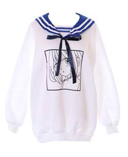 Kawaii-Story TS-303 Weiß blau Manga Grafik Matrosen Kragen Sweatshirt Oversized Pullover von Kawaii-Story