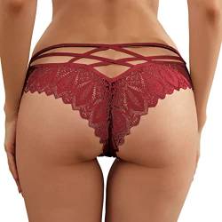 Kayferli Schlüpfer Damen Crochet Lace Lace Up Panty Sexy Unterwäsche Unterhosen Damen Nahtlos (Wine, XL) von Kayferli