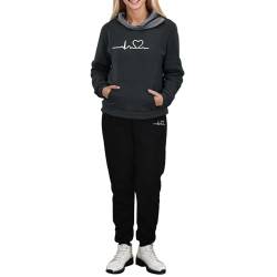 Kayferli Zweiteiler Damen Set Heartbeat Print Hoodie Sweatshirt Trainingsanzug Hoodie Damen Set (Black, XXXL) von Kayferli