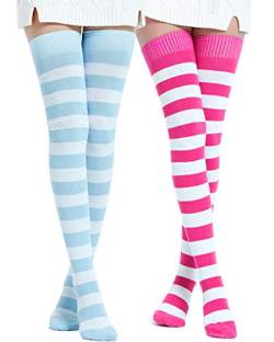 Kayhoma extra lange Socken aus Baumwolle mit Streifen, bis zum Oberschenkel/Kniehoch, Fuchsia / Weiß / Blau / Weiß, Einheitsgröße von Kayhoma