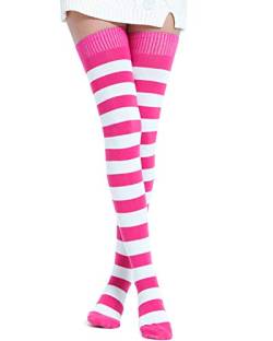 Kayhoma extra lange Socken aus Baumwolle mit Streifen, bis zum Oberschenkel/Kniehoch, Fuschia/Weiß, Einheitsgröße von Kayhoma