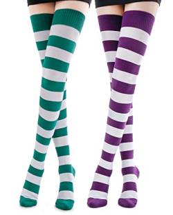 Kayhoma extra lange Socken aus Baumwolle mit Streifen, bis zum Oberschenkel/Kniehoch, Grün / Violett, Einheitsgröße von Kayhoma
