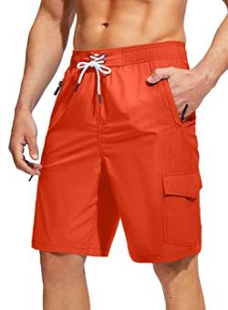 Kayrth Herren Badehose Quick Dry Boardshorts mit 5 Taschen Badeanzug Bademode für Herren - Kein Netzfutter, Orange, rot, XL von Kayrth