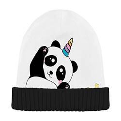 Kcldeci Beanie-Mütze für Damen und Herren, niedlicher Panda, Pandacorn, bunte Herzen, Wintermütze, Bündchen, Strickmütze, warme Skimützen von Kcldeci