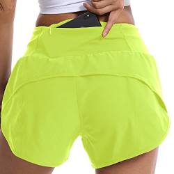 Kcutteyg Laufshorts für Damen mit Innenfutter, hohe Taille, leichte Damen-Workout-Shorts mit Gesäßtasche, 10,2 cm, Fluoreszierendes Gelb, Mittel von Kcutteyg